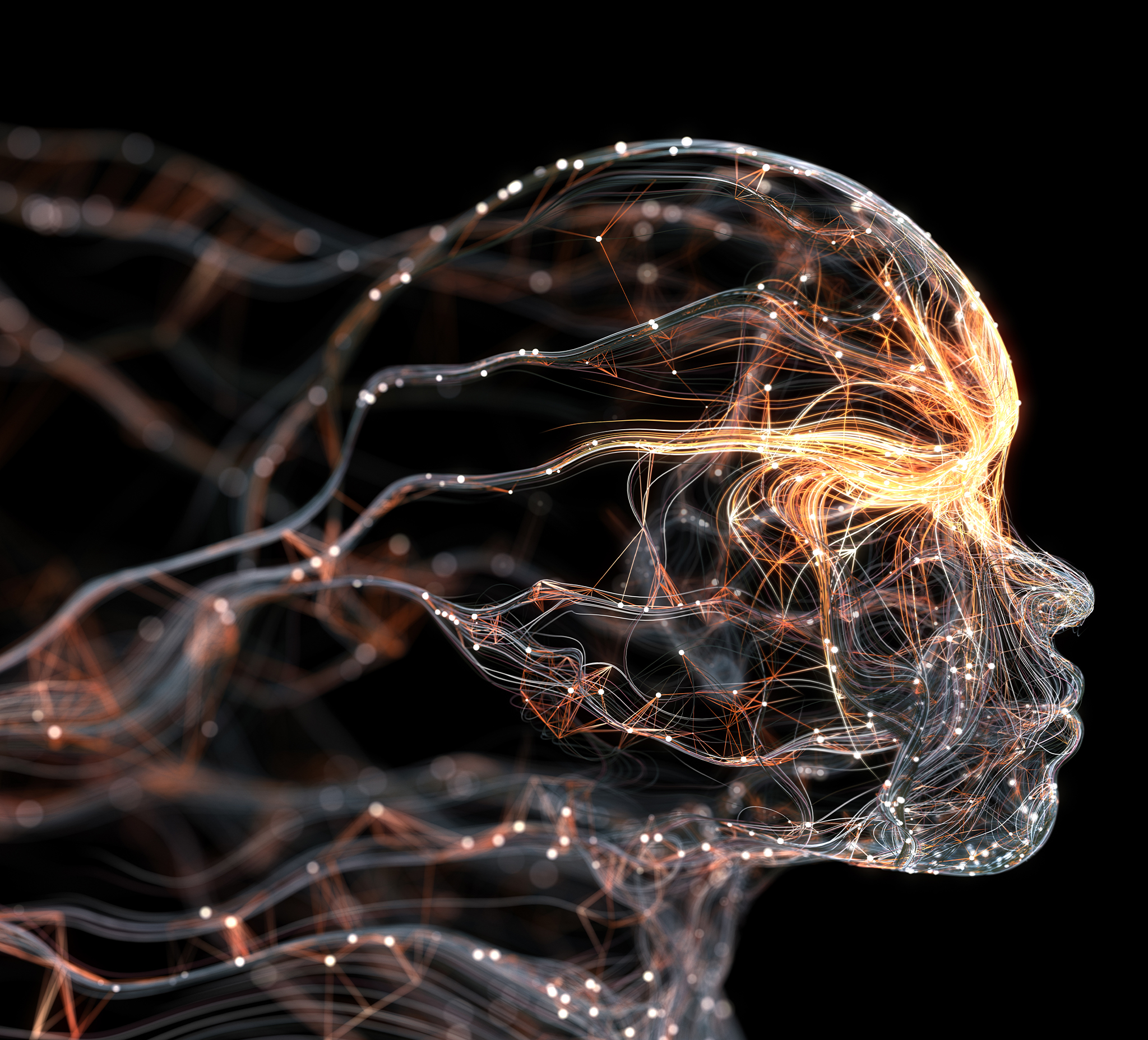 A sculpture of a human head is made of thin wires, concentrated around the face, with some lit up and glowing.
